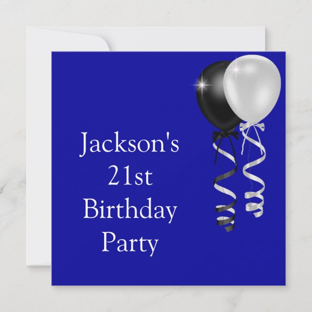 21st Birthday Blue Black Silver White Balloons Invitation (Front)