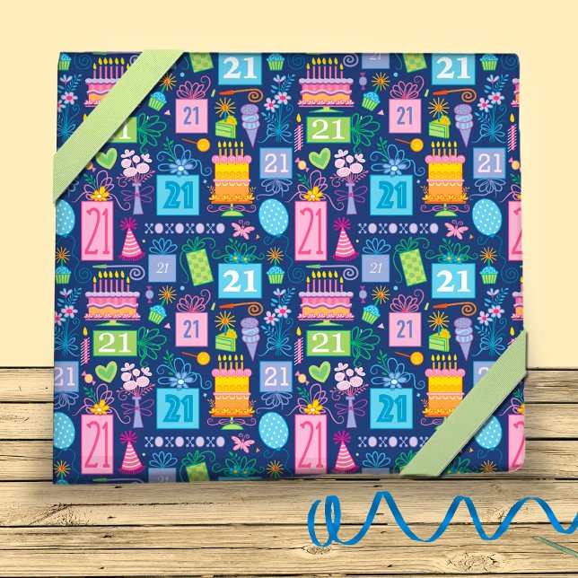 21st Birthday Blue Cake Presents Balloons  Wrapping Paper Sheet (Creator Uploaded)