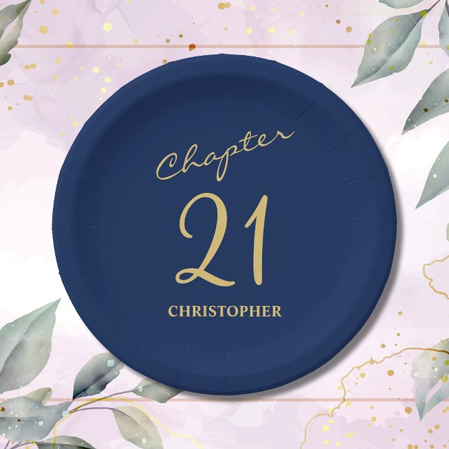 21st Birthday Blue Gold Chapter 21 Paper Plate (Make your loved one's 21st birthday celebration memorable with our stunning Blue Gold paper plates)