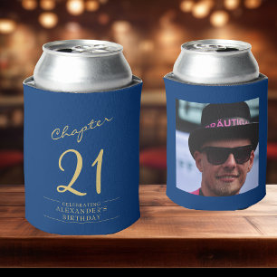21st Birthday Blue Gold Photo Template Can Cooler