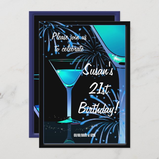 21st Birthday Blue Martini Cocktail Party Invitation (Front/Back)