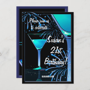 21st Birthday Blue Martini Cocktail Party Invitation