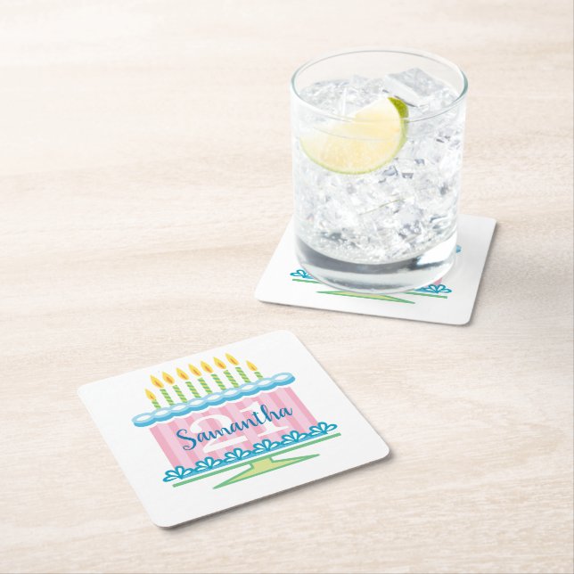21st Birthday Blue Pink Cake  Square Paper Coaster (Insitu)