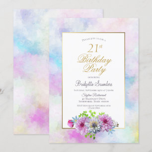21st Birthday Blue Pink Floral Gold Pastel Border Invitation