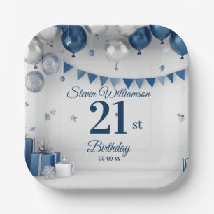 21st Birthday Blue Silver  Paper Plate