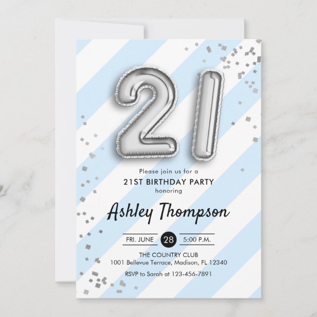 21st Birthday - Blue Stripes and Silver Balloons Invitation (Front)