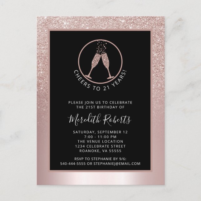 21st Birthday Blush Glitter Champagne Invitation Postcard (Front)