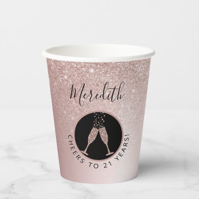 21st Birthday Blush Glitter Champagne Toast Paper Cups (Front)