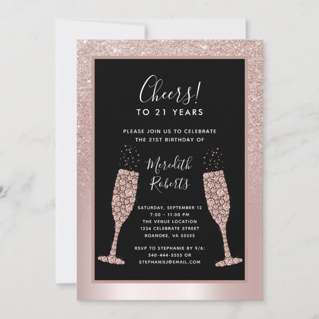 21st Birthday Blush Glitter Champagne Toast Party Invitation (Front)