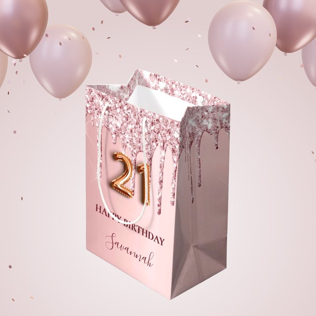 21st birthday blush pink glitter drips monogram medium gift bag (Creator Uploaded)