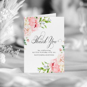 21st Birthday Blush Pink Peony Floral Folded Thank You Card