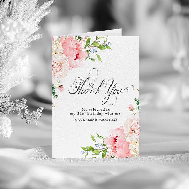 21st Birthday Blush Pink Peony Floral Folded Thank You Card (Creator Uploaded)