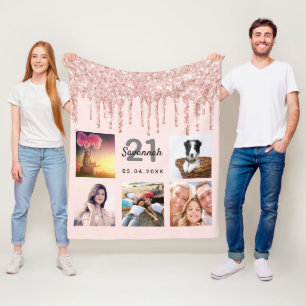 21st birthday blush rose gold glitter drips name fleece blanket