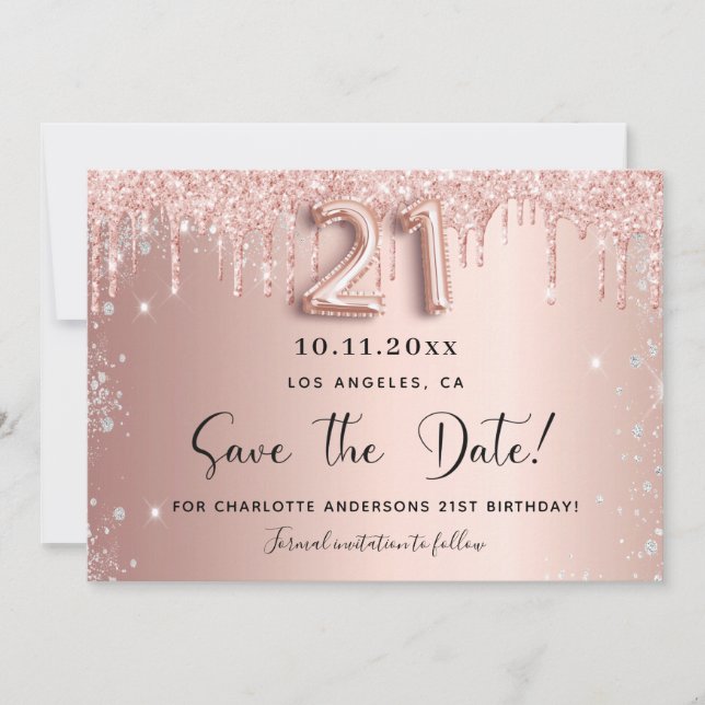 21st birthday blush rose gold silver save the date (Front)