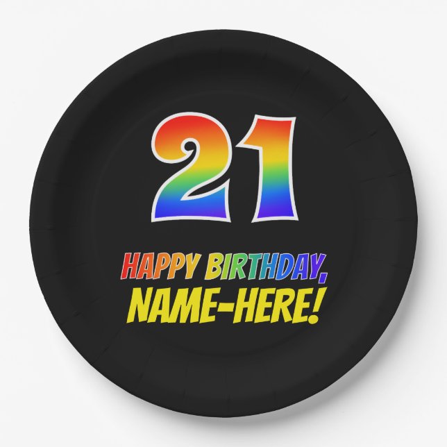 21st Birthday: Bold, Fun, Simple, Rainbow 21 Paper Plate (Front)