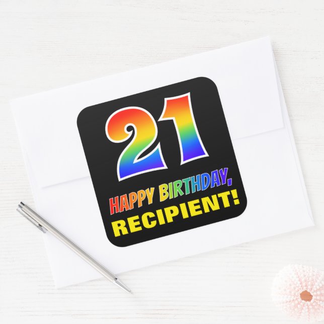 21st Birthday: Bold, Fun, Simple, Rainbow 21 Square Sticker (Envelope)