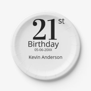21st birthday bold letter name date simple man boy paper plate