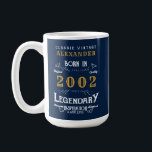 21st Birthday Born 2002 Add Name Blue Gold Legend Coffee Mug<br><div class="desc">For those celebrating their birthday we have the ideal birthday mug. The blue background with a white and gold design is simple and yet elegant with a retro feel. Easily customise the text using the template provided. More gifts and party supplies available with the "Legendary" design in the store.</div>