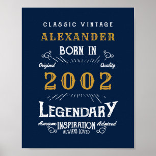 21st Birthday Born 2002 Add Name Legend Blue Gold Poster