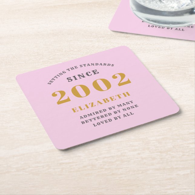 21st Birthday Born 2002 Add Name Pink Gray Square Paper Coaster (Angled)