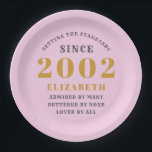21st Birthday Born 2002 Add Name Pink Paper Plate<br><div class="desc">Personalized Birthday add your name and year paper plate. Edit the name and year with the template provided. A wonderful custom birthday party accessory. More gifts and party supplies available with the "setting standards" design in the store.</div>