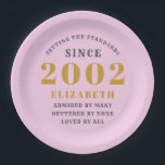 21st Birthday Born 2002 Add Name Pink Paper Plate<br><div class="desc">Personalized Birthday add your name and year paper plate. Edit the name and year with the template provided. A wonderful custom birthday party accessory. More gifts and party supplies available with the "setting standards" design in the store.</div>