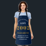 21st Birthday Born 2002 Black Gold Lady's Apron<br><div class="desc">A personalised classic blue apron design for that birthday celebration. Add the name to this vintage retro style blue, white and gold design for a custom birthday gift. Easily edit the name and year with the template provided. A wonderful custom birthday gift. More gifts and party supplies for that party...</div>