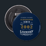 21st Birthday Born 2002 Legend Blue Gold Retro Bottle Opener<br><div class="desc">Vintage design bottle opener. Add the name and year creating a unique birthday celebration item. Team this up with the matching gifts,  party accessories,  and clothing available in our store www.zazzle.com/store/thecelebrationstore</div>