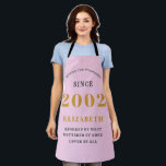 21st Birthday Born 2002 Pink Grey Lady's Apron<br><div class="desc">A personalised classic pink apron design for that birthday celebration. Add the name to this vintage retro style pink, grey and gold design for a custom birthday gift. Easily edit the name and year with the template provided. A wonderful custom birthday gift. More gifts and party supplies for that party...</div>