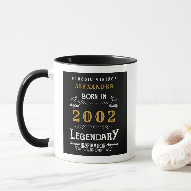 21st Birthday Born 2002 Retro Black Personalised Mug (With Donut)