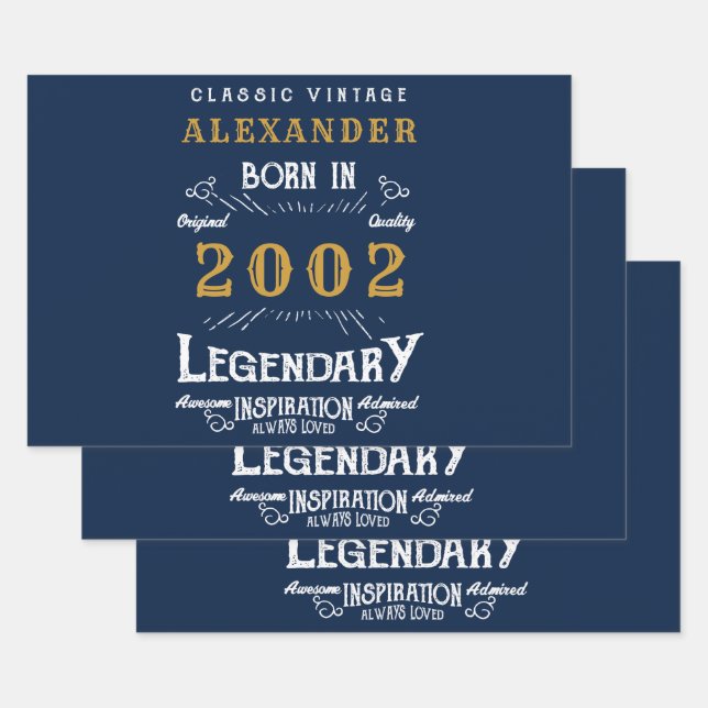 21st Birthday Born 2002 Vintage Blue Gold Legend Wrapping Paper Sheet (Set)