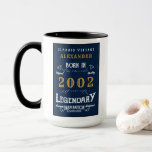 21st Birthday Born 2002 Vintage Legend Blue Gold Mug<br><div class="desc">For those celebrating their birthday we have the ideal birthday coffee mug. The blue background with a white and gold vintage typography design design is simple and yet elegant with a retro feel. Easily customise the text of this birthday gift using the template provided. More gifts and party supplies available...</div>