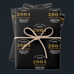 21st Birthday born 2004 Add Name Black Gold Wrapping Paper Sheet<br><div class="desc">A personalised wrapping paper design for that birthday celebration for a special person. Add the name to this vintage retro style black and gold design for a custom birthday gift. Easily edit the name and year with the template provided. A wonderful custom birthday gift. More gifts and party supplies for...</div>