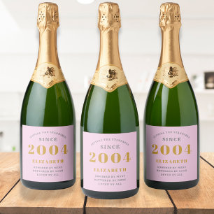 21st Birthday Born 2004 Add Name Pink Grey Sparkling Wine Label