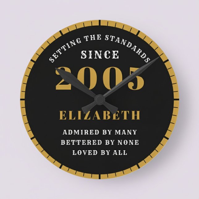 21st Birthday Born 2005 Black Gold Round Clock (Born 2005 standards birthday clock. Pastel background.)