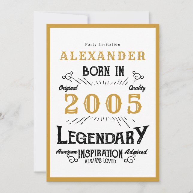 21st Birthday Born 2005 White Gold Legend Invitation (Front)