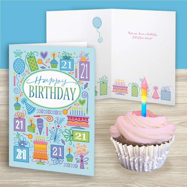 21st Birthday Bright Pastel Icons On Blue Card (Creator Uploaded)