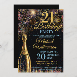 21st Birthday Bubbly Fireworks Gold Blue Invitation