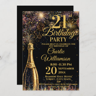 21st Birthday Bubbly Fireworks Gold Invitation