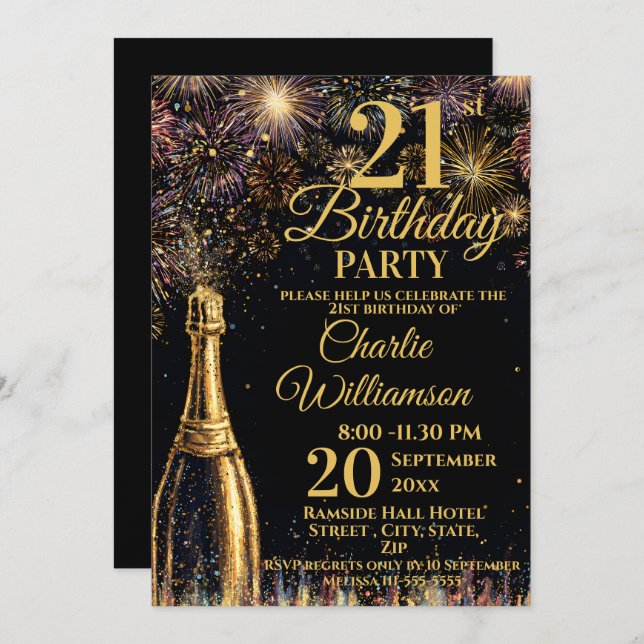 21st Birthday Bubbly Fireworks Gold  Invitation (Front/Back)
