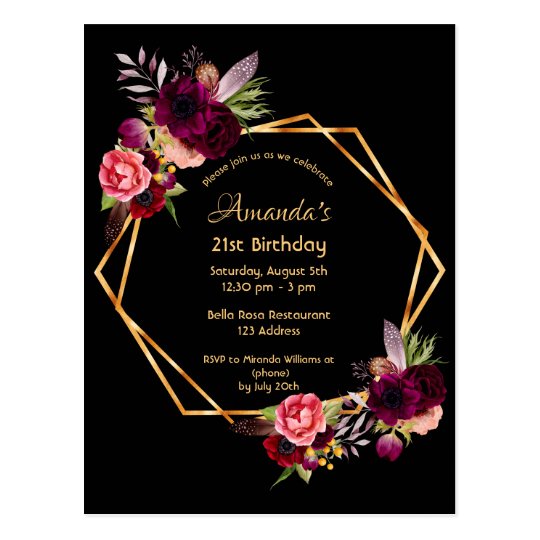 21st birthday burgundy gold black invitation postcard