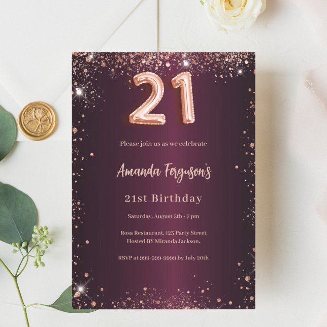 21st birthday burgundy rose gold invitation (Creator Uploaded)