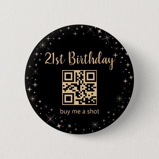 21st birthday, buy me a shot,qr code,gold sparkles 6 cm round badge (Front)