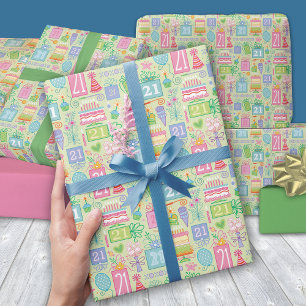 21st Birthday Cake Balloons Hat Presents Flowers Wrapping Paper