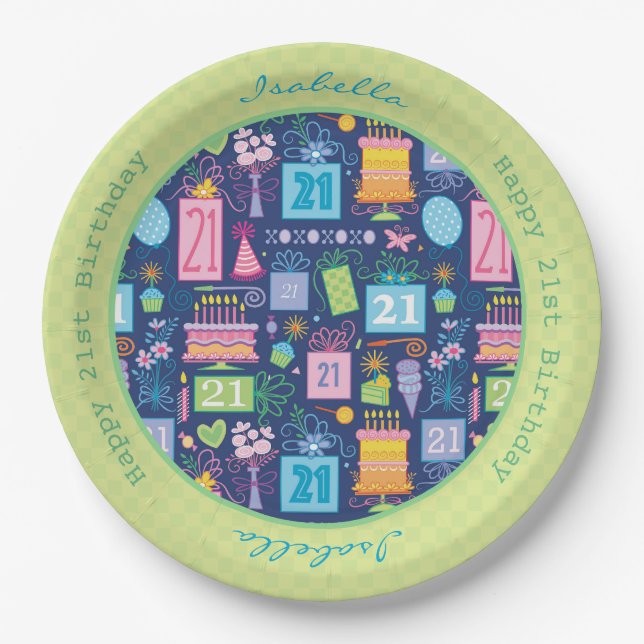 21st Birthday Cake Cupcake Present Custom Name Paper Plate (Front)