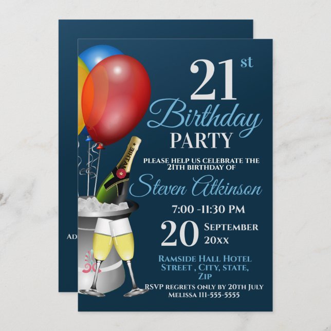 21st Birthday Celebration Sparkling Wine Party Invitation (Front/Back)