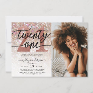 21st Birthday Champagne Glitter Photo Invitation