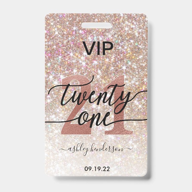 21st Birthday Champagne Glitter VIP ID Badge (Front)