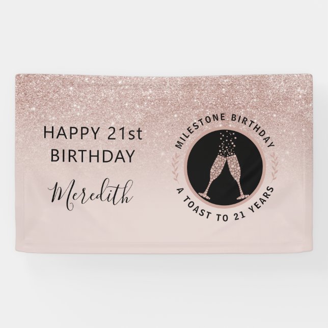 21st Birthday Champagne Toast Horizontal Glitter Banner (Horizontal)