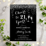 21st Birthday - Cheers To 21 Years Black Silver Invitation<br><div class="desc">21st Birthday Invitation. Cheers To 21 Years! Elegant design in black,  white and silver. Features champagne glasses,  script font and glitter silver confetti. Perfect for a stylish birthday party. Personalise with your own details. Can be customised to show any age.</div>